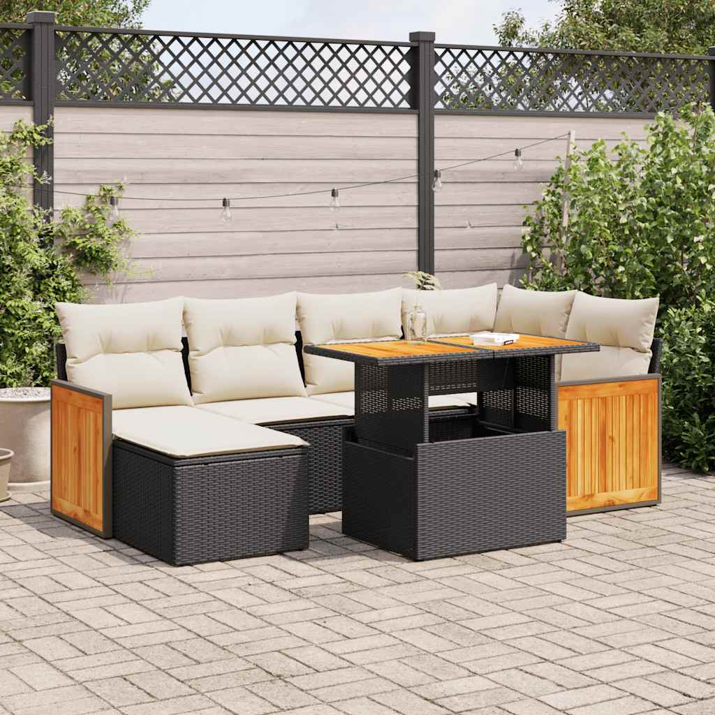 7 Piece Garden Sofa Set With Cushions Beige Poly Rattan Acacia