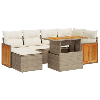 7-Piece Beige Poly Rattan Garden Sofa Set with Acacia Cushions