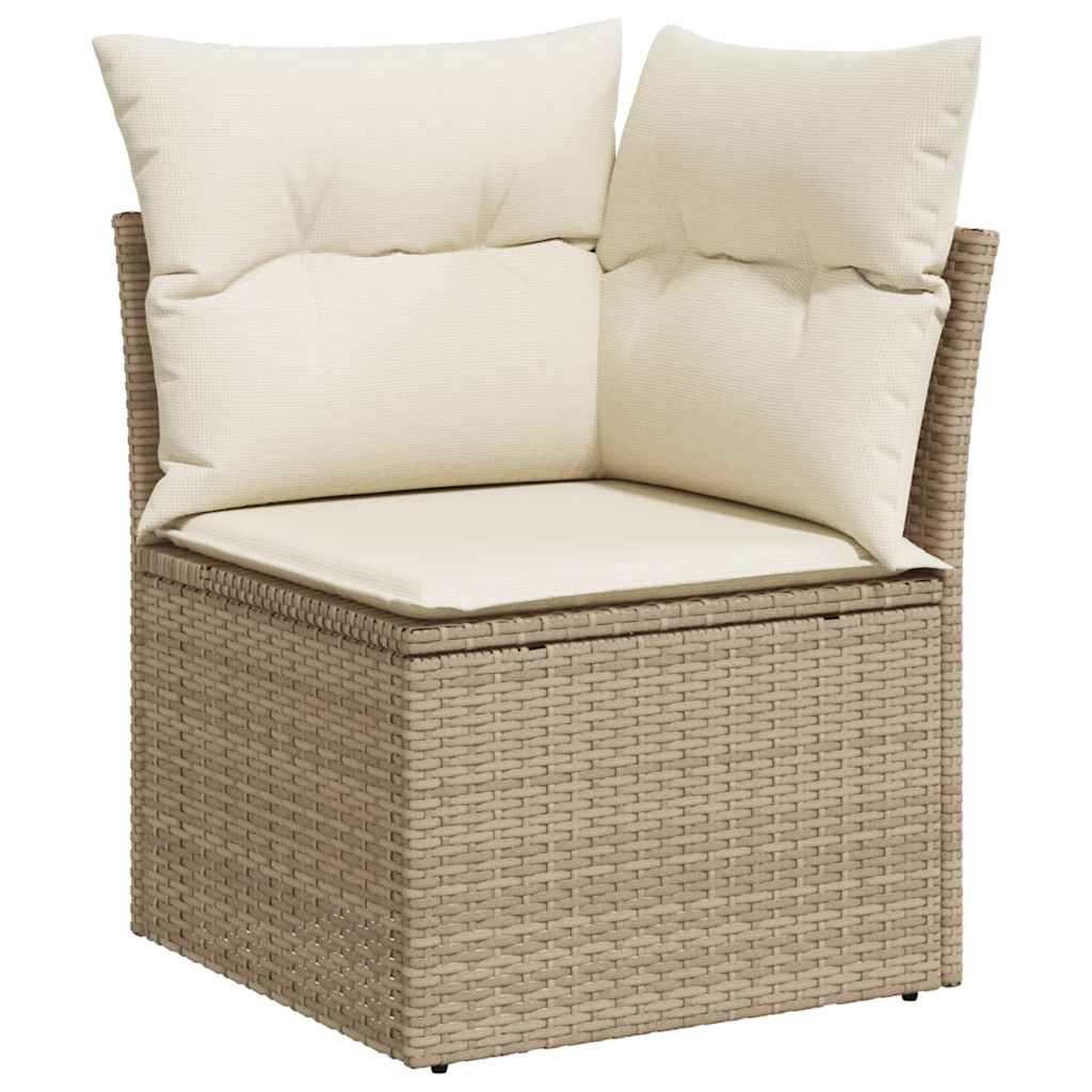 7-Piece Beige Poly Rattan Garden Sofa Set with Acacia Cushions