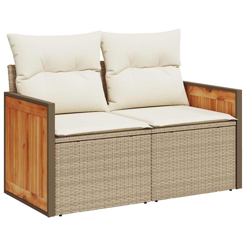 7-Piece Beige Poly Rattan Garden Sofa Set with Acacia Cushions