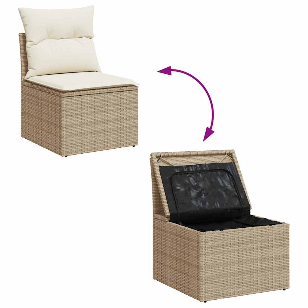 7-Piece Beige Poly Rattan Garden Sofa Set with Acacia Cushions
