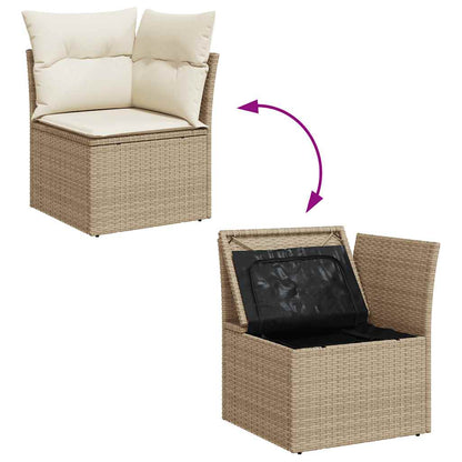 7-Piece Beige Poly Rattan Garden Sofa Set with Acacia Cushions