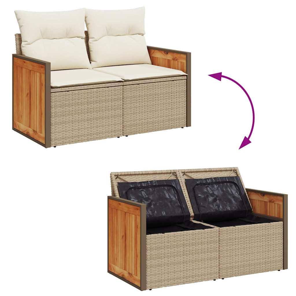 7-Piece Beige Poly Rattan Garden Sofa Set with Acacia Cushions