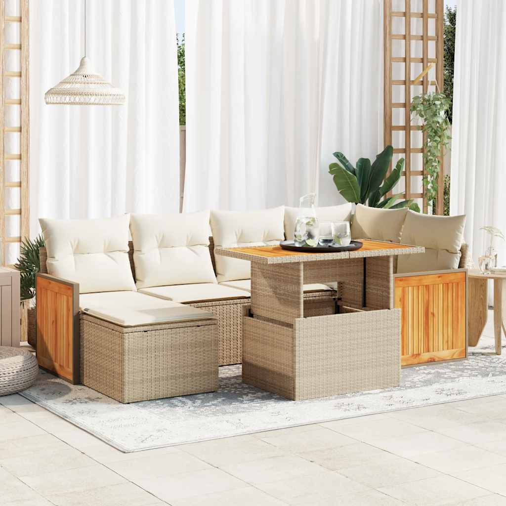 7-Piece Beige Poly Rattan Garden Sofa Set with Acacia Cushions