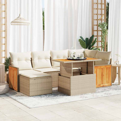 7-Piece Beige Poly Rattan Garden Sofa Set with Acacia Cushions