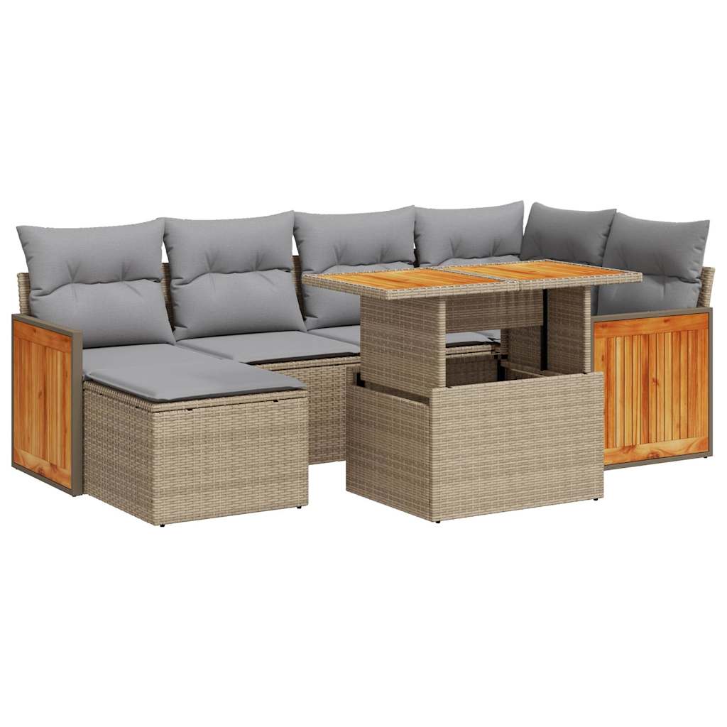 7 Piece Garden Sofa Set With Cushions Beige Poly Rattan Acacia