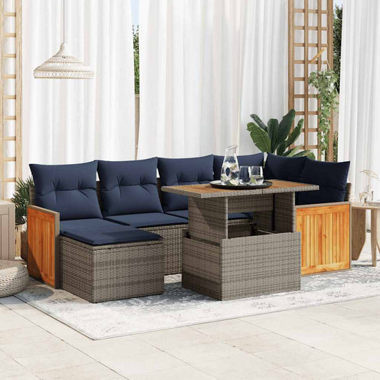 7 Piece Garden Sofa Set with Cushions Black Poly Rattan Acacia