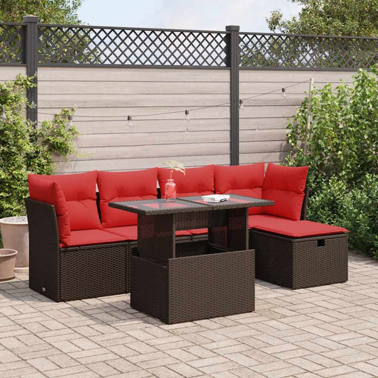 6 Piece Garden Sofa Set with Cushions Brown Poly Rattan Acacia