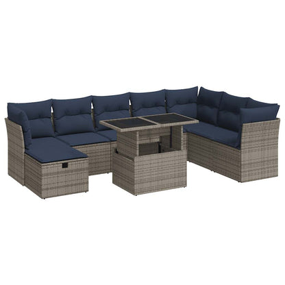 9 Piece Garden Sofa Set with Cushions Grey Poly Rattan Acacia