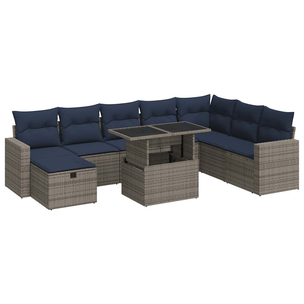 9 Piece Garden Sofa Set with Cushions Brown Poly Rattan Acacia