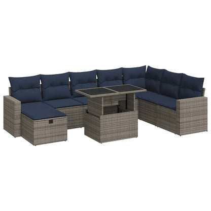 9 Piece Garden Sofa Set with Cushions Brown Poly Rattan Acacia