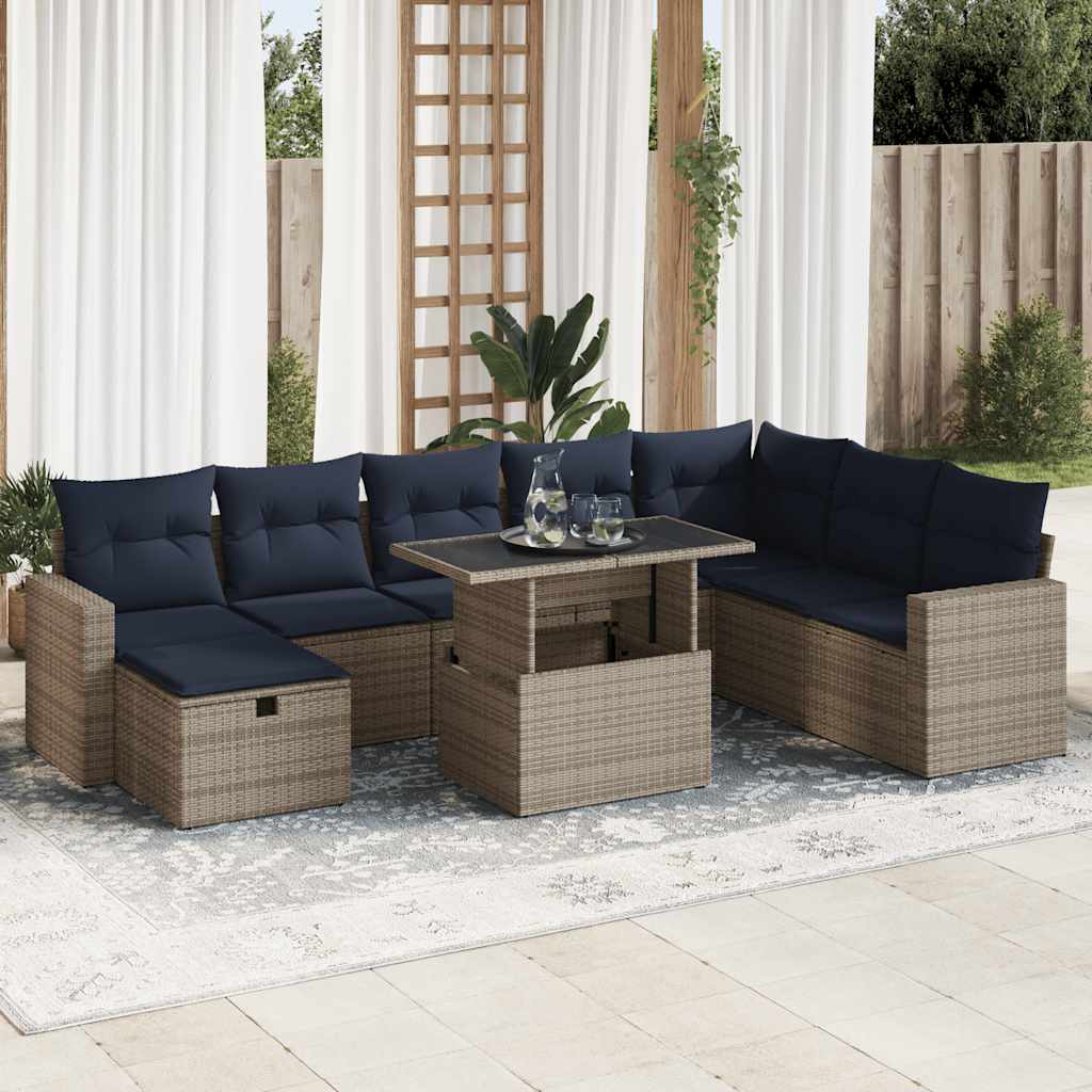 9 Piece Garden Sofa Set with Cushions Brown Poly Rattan Acacia