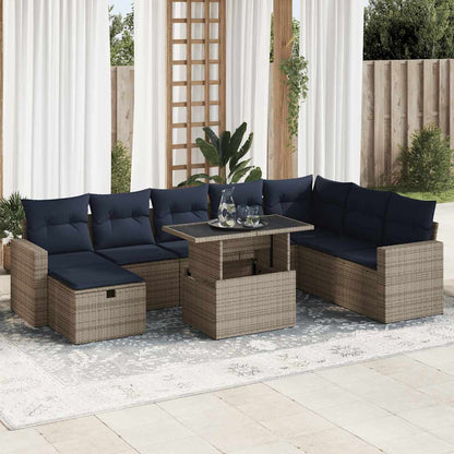 9 Piece Garden Sofa Set with Cushions Brown Poly Rattan Acacia