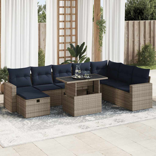 9 Piece Garden Sofa Set with Cushions Brown Poly Rattan Acacia