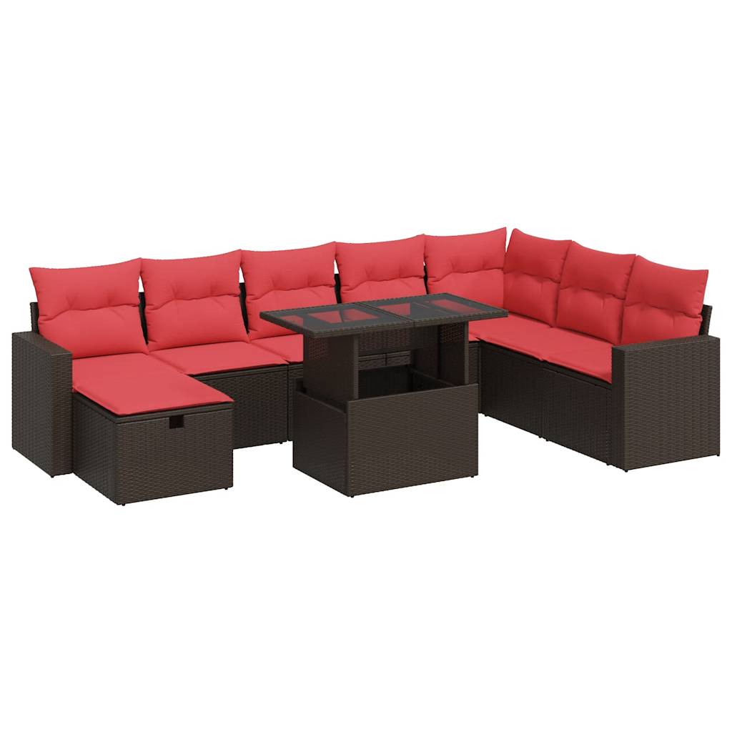 9 Piece Garden Sofa Set with Cushions Black Poly Rattan Acacia