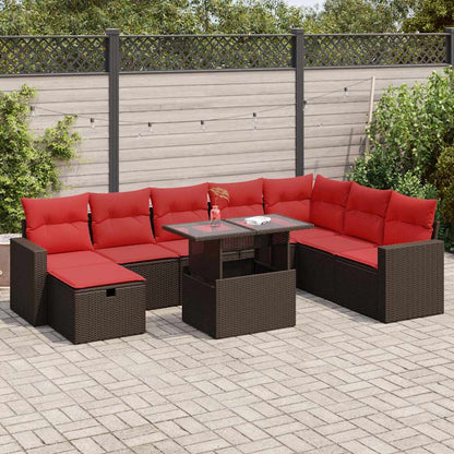 9 Piece Garden Sofa Set with Cushions Black Poly Rattan Acacia