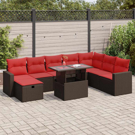 9 Piece Garden Sofa Set with Cushions Black Poly Rattan Acacia