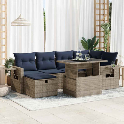 7 Piece Garden Sofa Set with Cushions Brown Poly Rattan Acacia