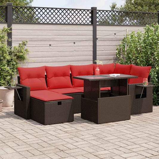 7 Piece Garden Sofa Set with Cushions Black Poly Rattan Acacia
