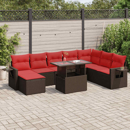9 Piece Garden Sofa Set with Cushions Black Poly Rattan Acacia
