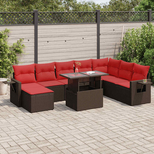 9 Piece Garden Sofa Set with Cushions Black Poly Rattan Acacia