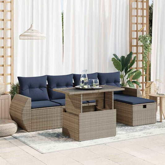 6 Piece Garden Sofa Set with Cushions Brown Poly Rattan Acacia