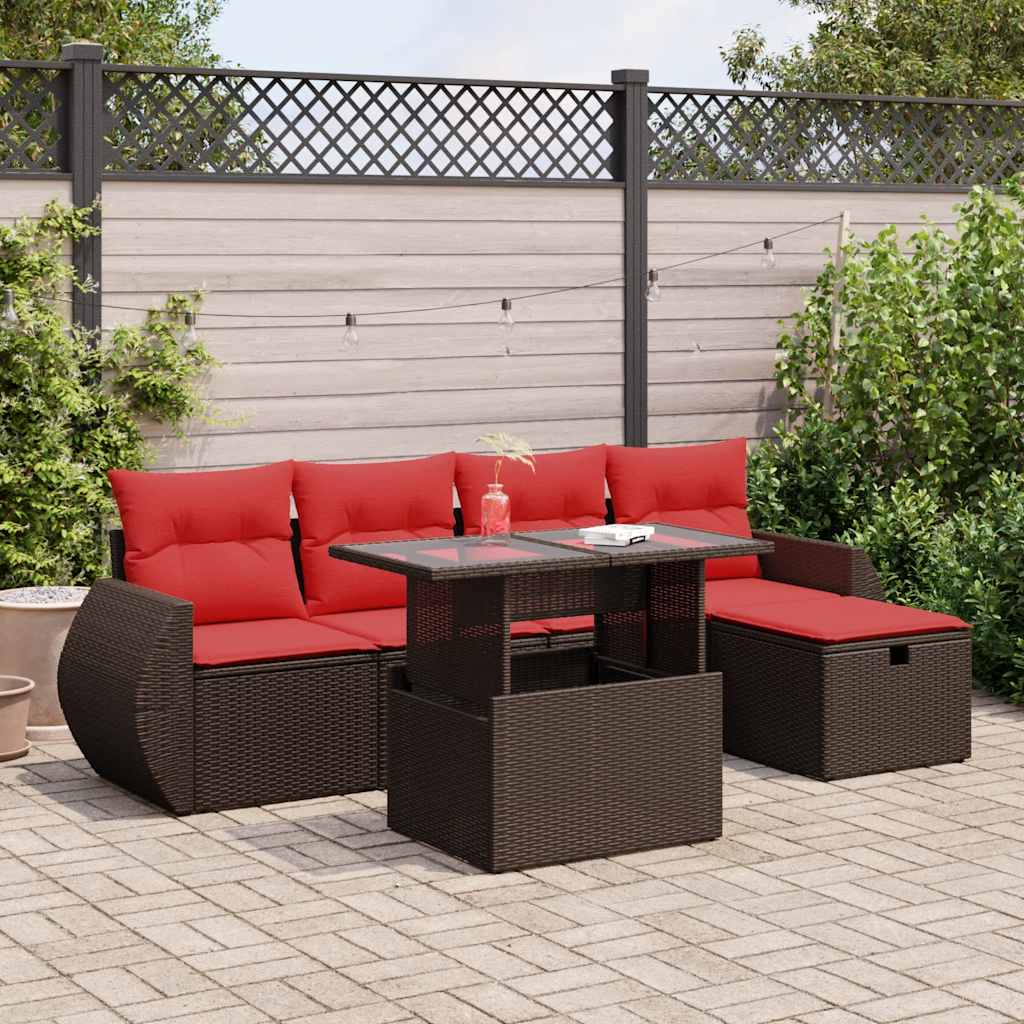 6 Piece Garden Sofa Set with Cushions Black Poly Rattan Acacia
