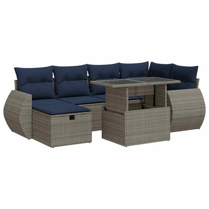 7 Piece Garden Sofa Set with Cushions Brown Poly Rattan Acacia