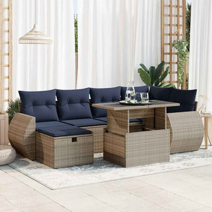 7 Piece Garden Sofa Set with Cushions Brown Poly Rattan Acacia