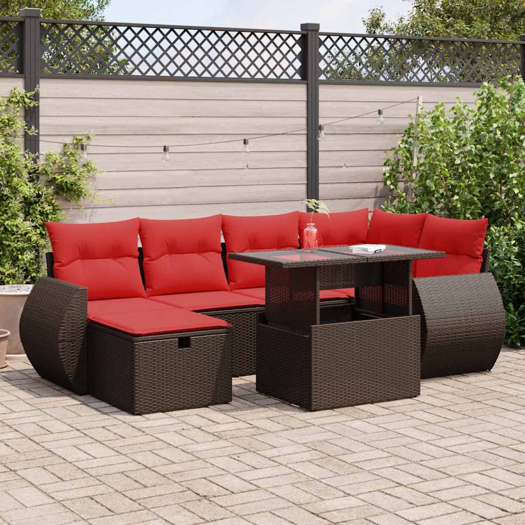 7 Piece Garden Sofa Set with Cushions Black Poly Rattan Acacia