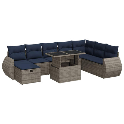 9 Piece Garden Sofa Set with Cushions Brown Poly Rattan Acacia