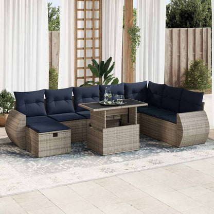 9 Piece Garden Sofa Set with Cushions Brown Poly Rattan Acacia