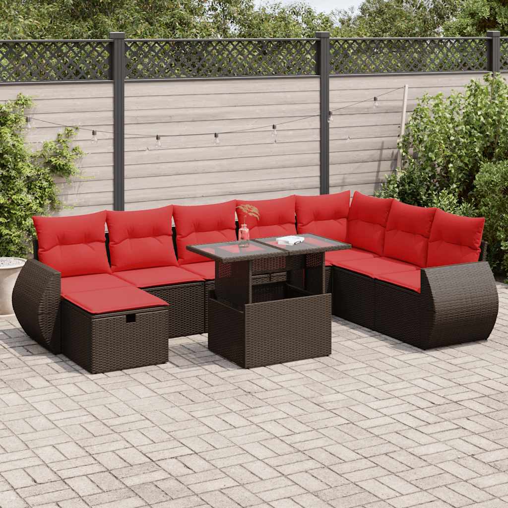 9 Piece Garden Sofa Set with Cushions Black Poly Rattan Acacia