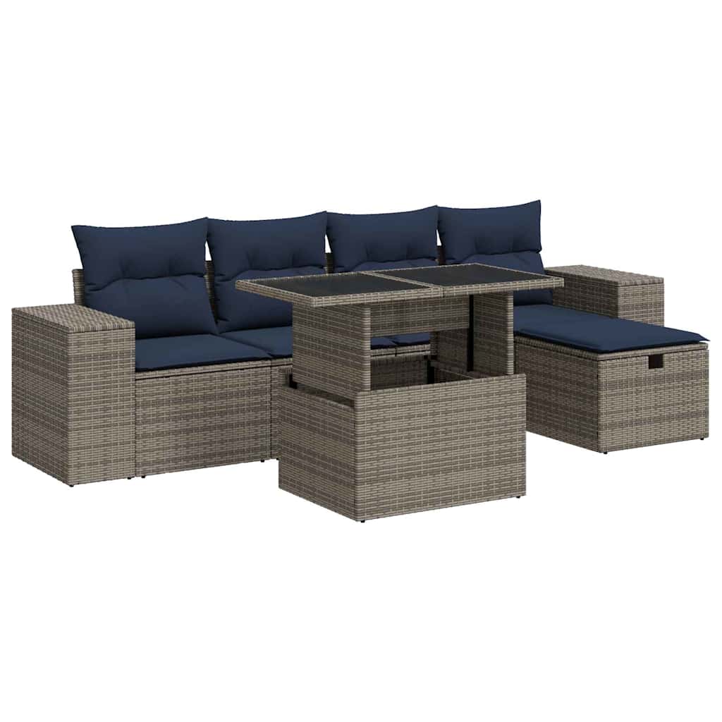 6 Piece Garden Sofa Set with Cushions Brown Poly Rattan Acacia
