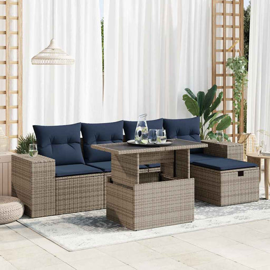 6 Piece Garden Sofa Set with Cushions Brown Poly Rattan Acacia