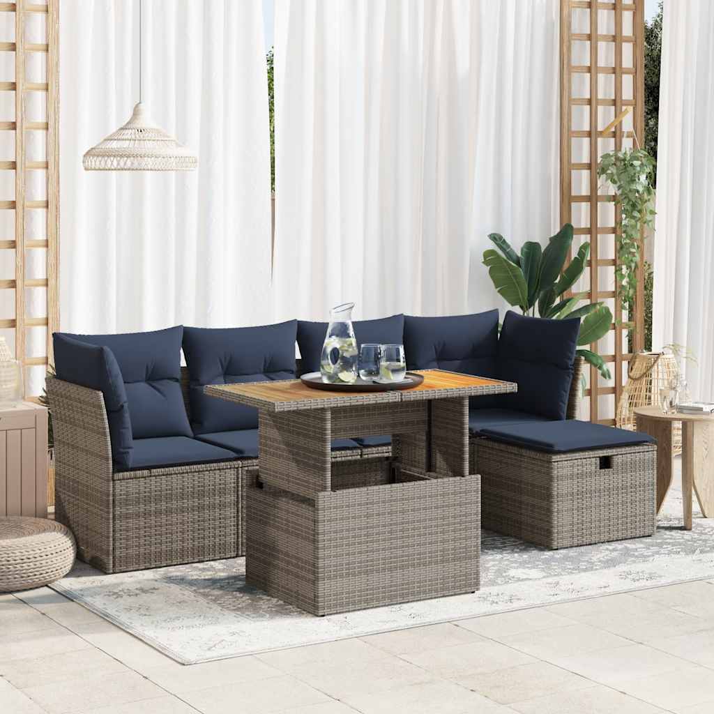 6 Piece Garden Sofa Set with Cushions Grey Poly Rattan Acacia