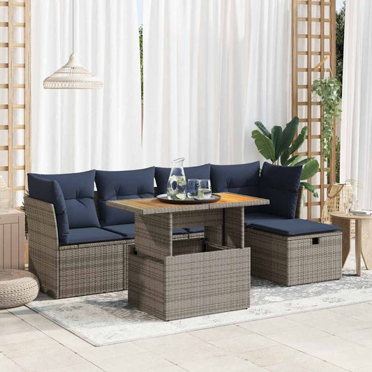 6 Piece Garden Sofa Set with Cushions Grey Poly Rattan Acacia