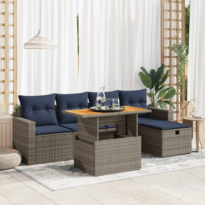 6 Piece Garden Sofa Set with Cushions Grey Poly Rattan Acacia