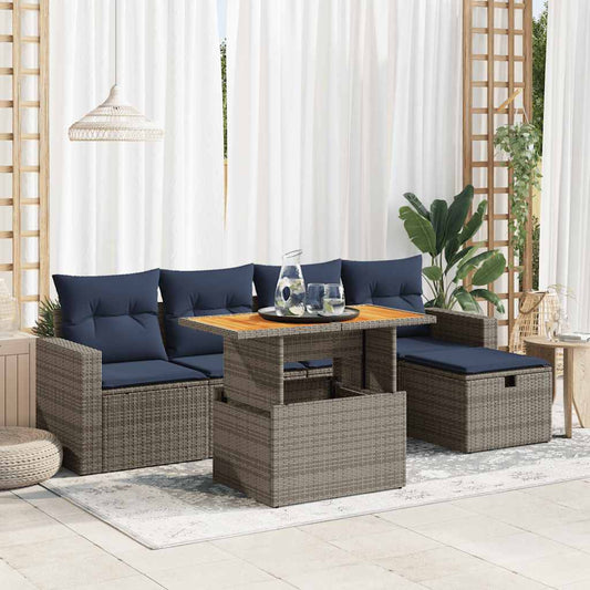 6 Piece Garden Sofa Set with Cushions Grey Poly Rattan Acacia