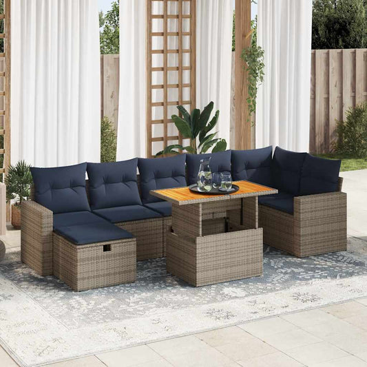 8 Piece Garden Sofa Set with Cushions Brown Poly Rattan Acacia