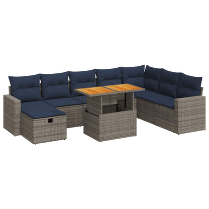 9 Piece Garden Sofa Set with Cushions Grey Poly Rattan Acacia