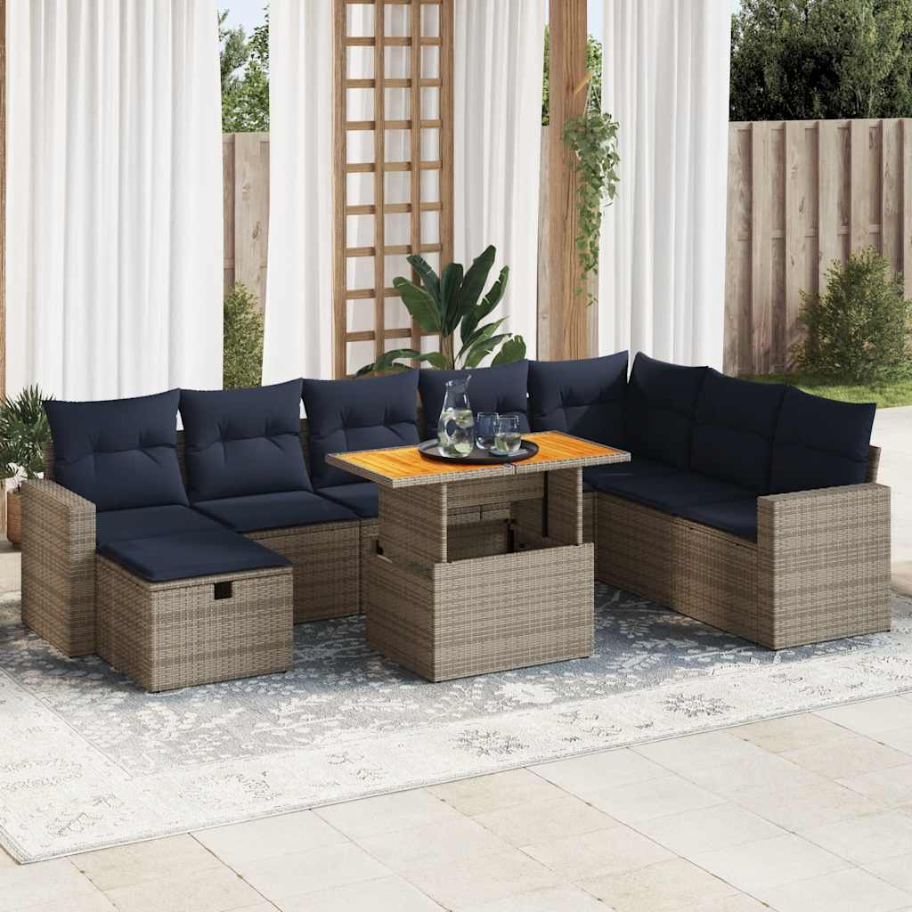 9 Piece Garden Sofa Set with Cushions Grey Poly Rattan Acacia
