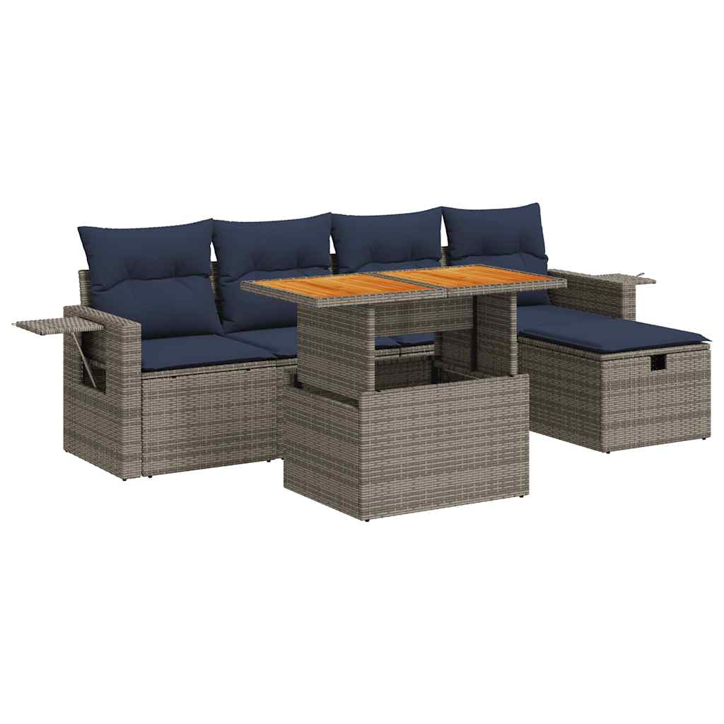 6 Piece Garden Sofa Set with Cushions Grey Poly Rattan Acacia