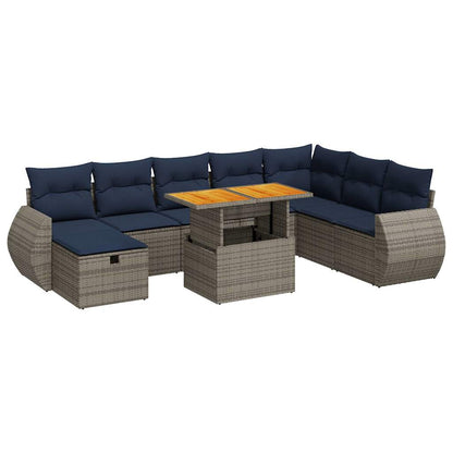 9 Piece Garden Sofa Set with Cushions Black Poly Rattan Acacia