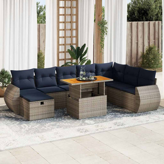 9 Piece Garden Sofa Set with Cushions Black Poly Rattan Acacia