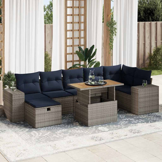 8 Piece Garden Sofa Set with Cushions Brown Poly Rattan Acacia