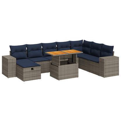 9 Piece Garden Sofa Set with Cushions Grey Poly Rattan Acacia