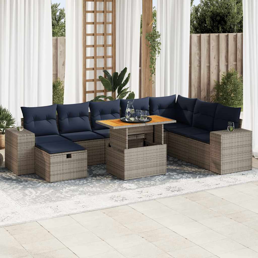 9 Piece Garden Sofa Set with Cushions Grey Poly Rattan Acacia