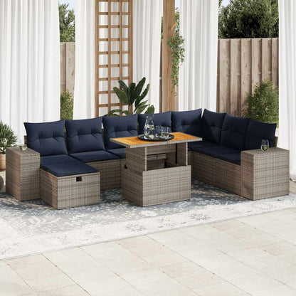 9 Piece Garden Sofa Set with Cushions Grey Poly Rattan Acacia