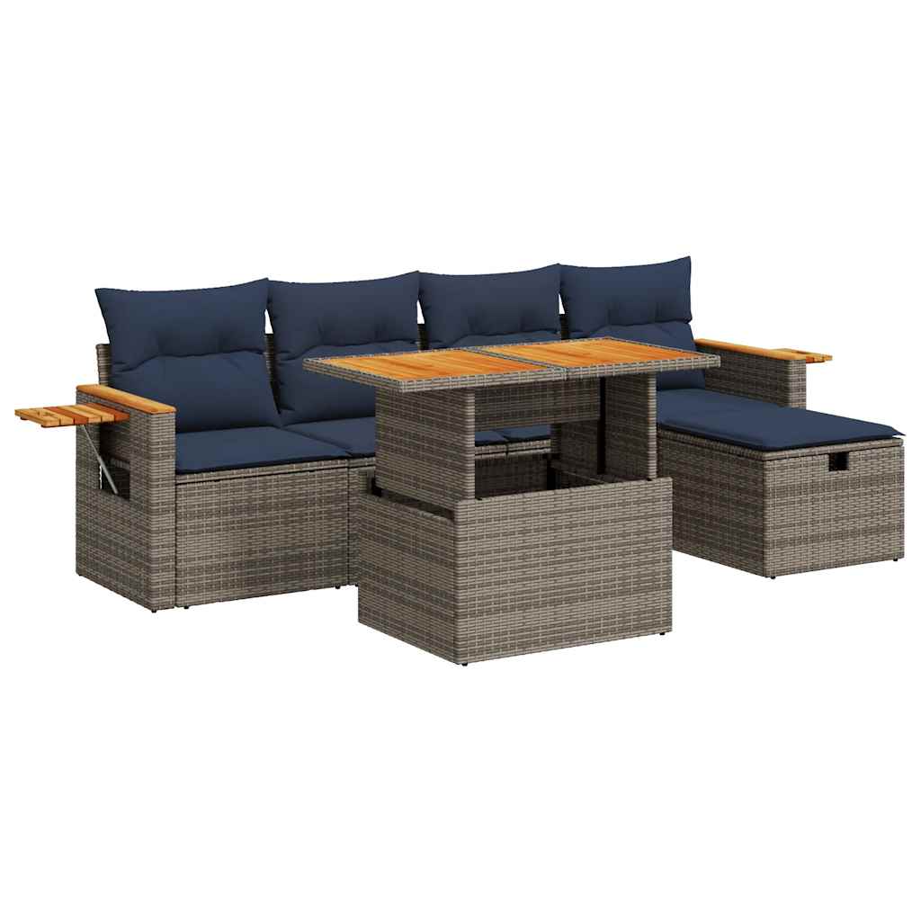 6 Piece Garden Sofa Set with Cushions Grey Poly Rattan Acacia